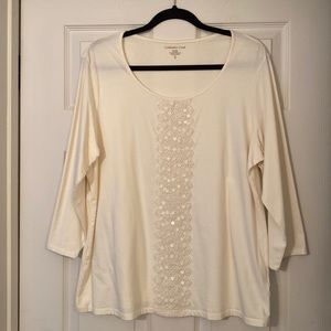 Coldwater Creek beige/creme round neck stretch top with front lace sequins! NWOT
